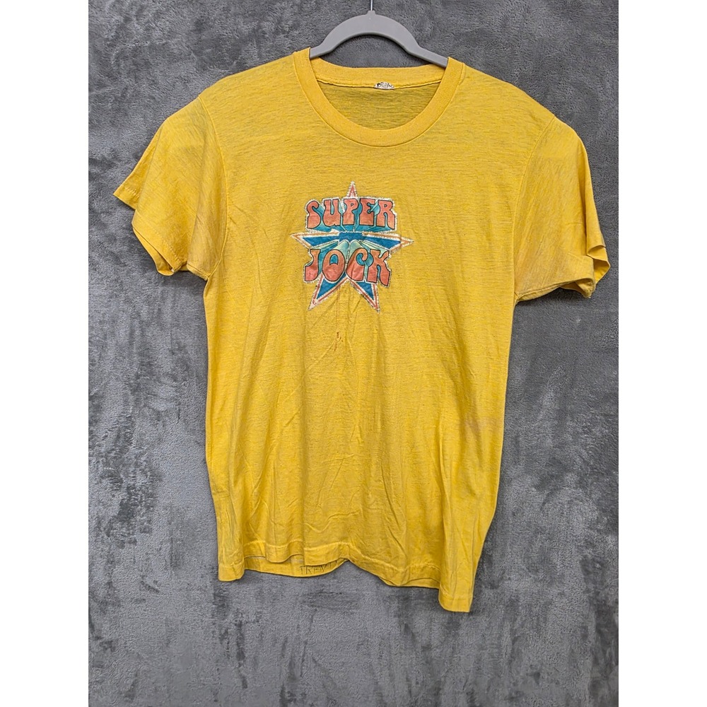 Vintage Super Jock T Shirt Yellow Single Stitch Graphic Tee XL 50/50 Distressed